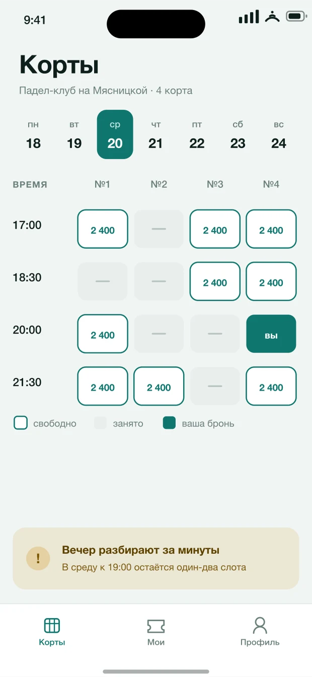 Сетка: корты по горизонтали, время по вертикали