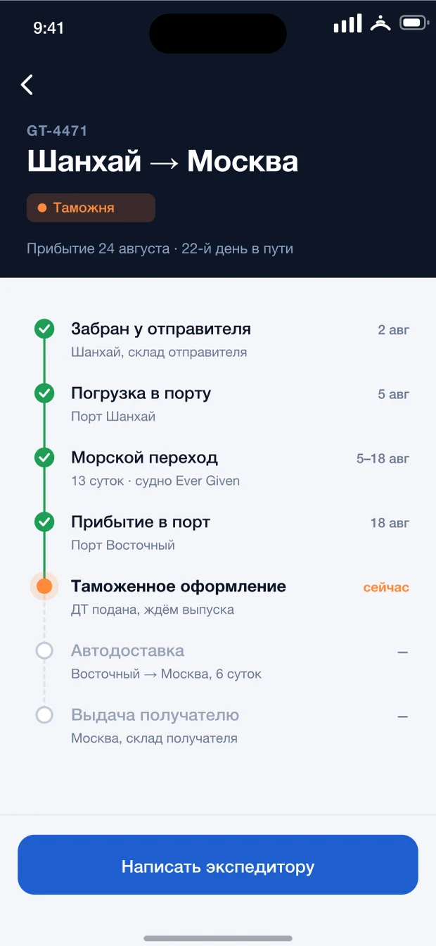 Маршрут груза по этапам